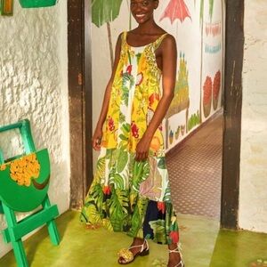 FARM Rio Mixed Prints Patch Maxi Dress Beaded Straps Tropical Fruit Size XL